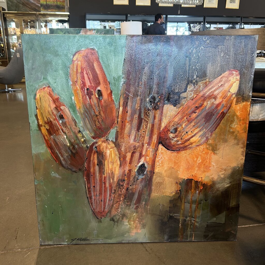 Original Orange/Turq./Brown Saguaro Art By Jack Rickard - 36X36