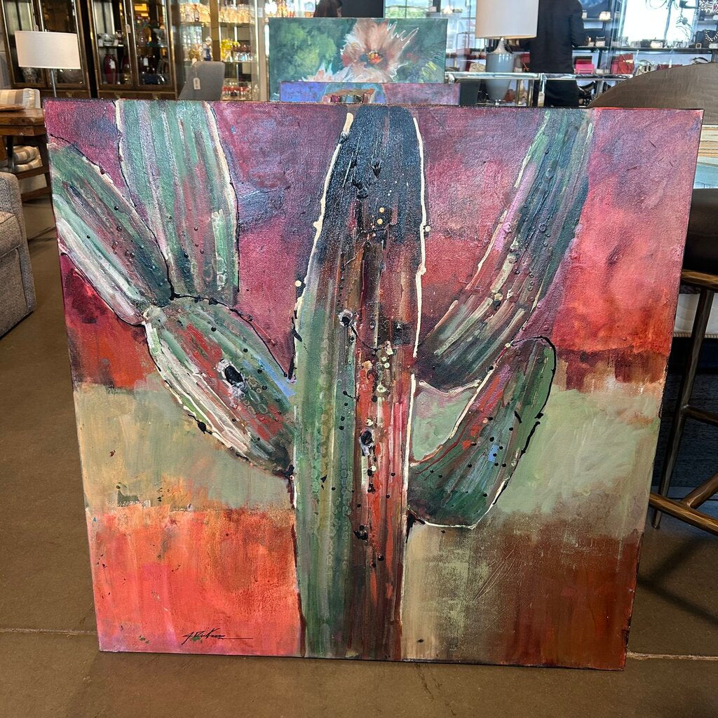 Original Red/Green Saguaro Art By Jack Rickard - 36X36