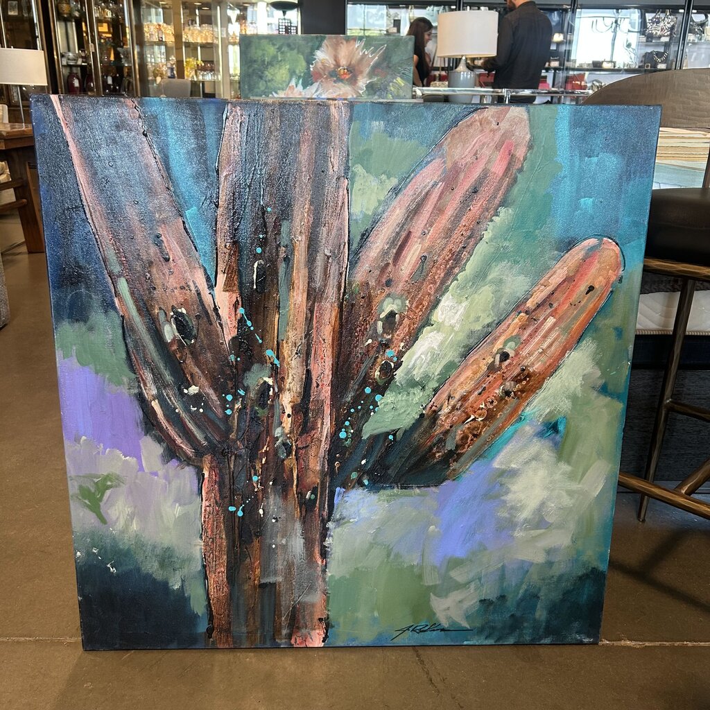 Original Blue/Orange Saguaro Art By Jack Rickard - 36X36