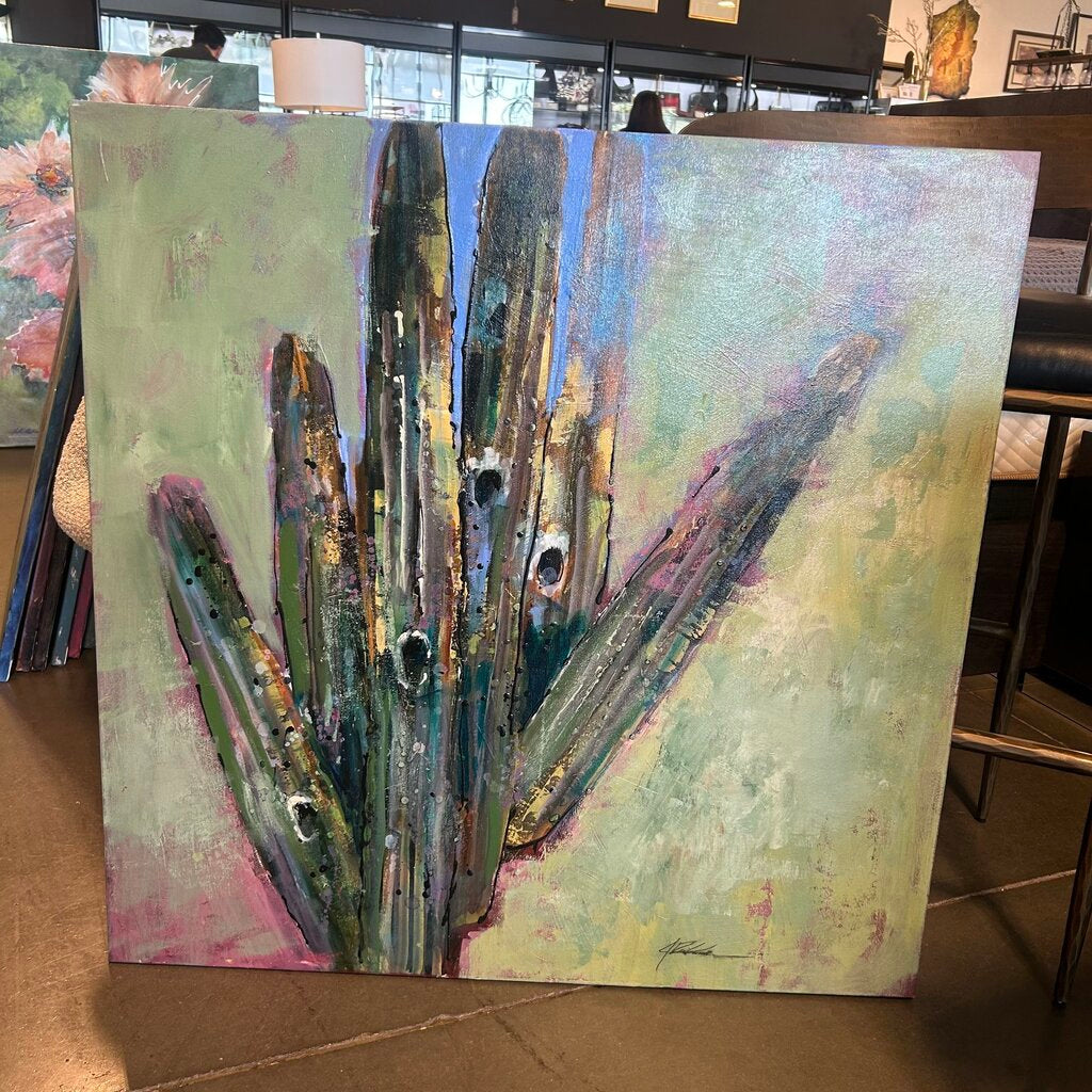 Original Green/Pink/Blue Saguaro Art By Jack Rickard - 36X36