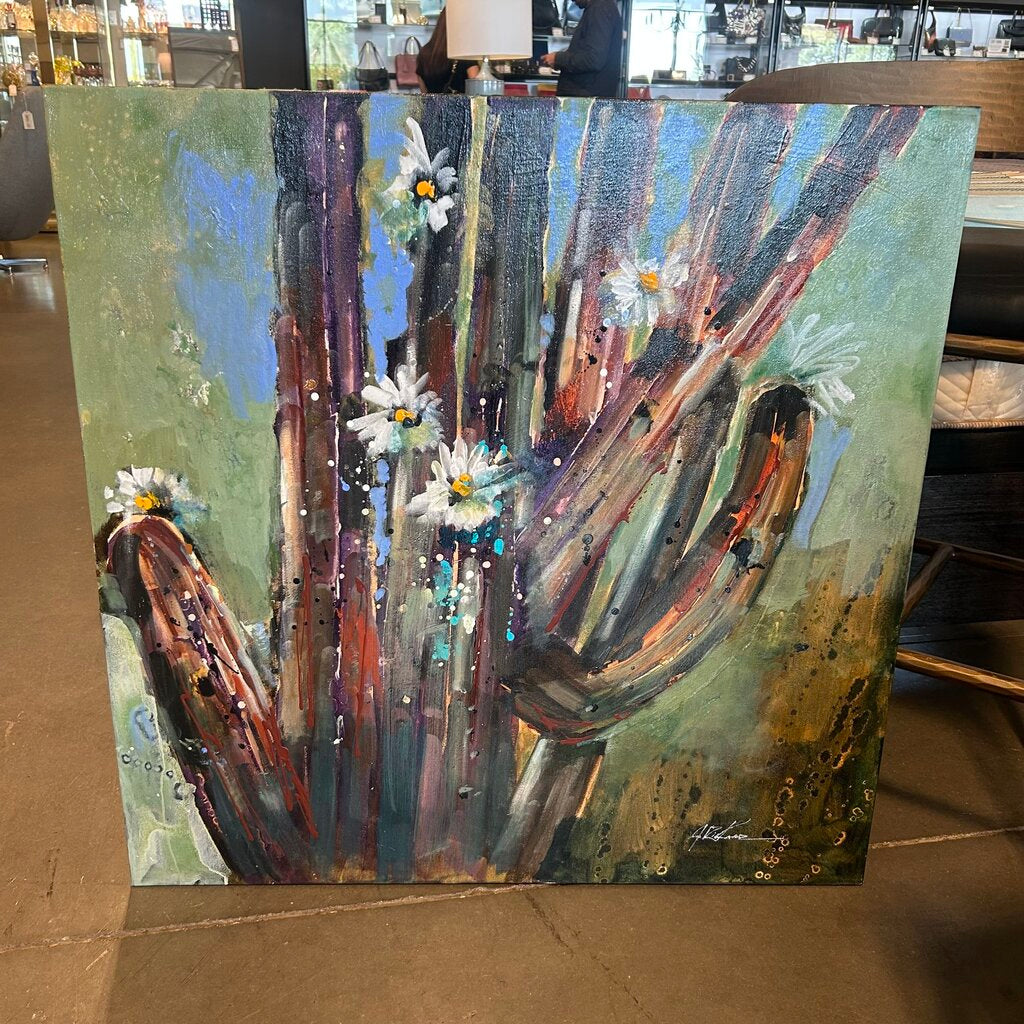 Original Orange/Green Saguaro W/ Flowers By Jack Rickard - 36X36