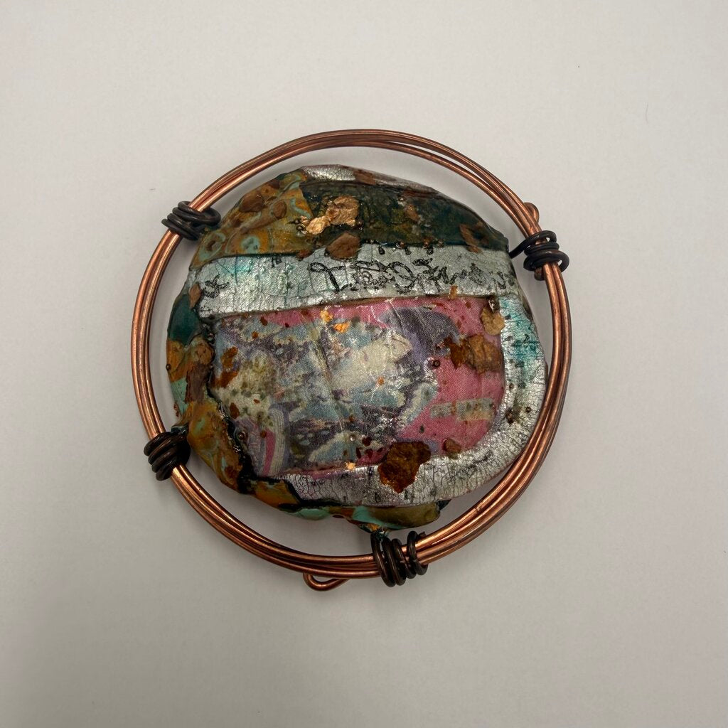 Vintage Artisan Mixed Media Polymer Clay Copper Wire Wrapped Brooch Signed SL