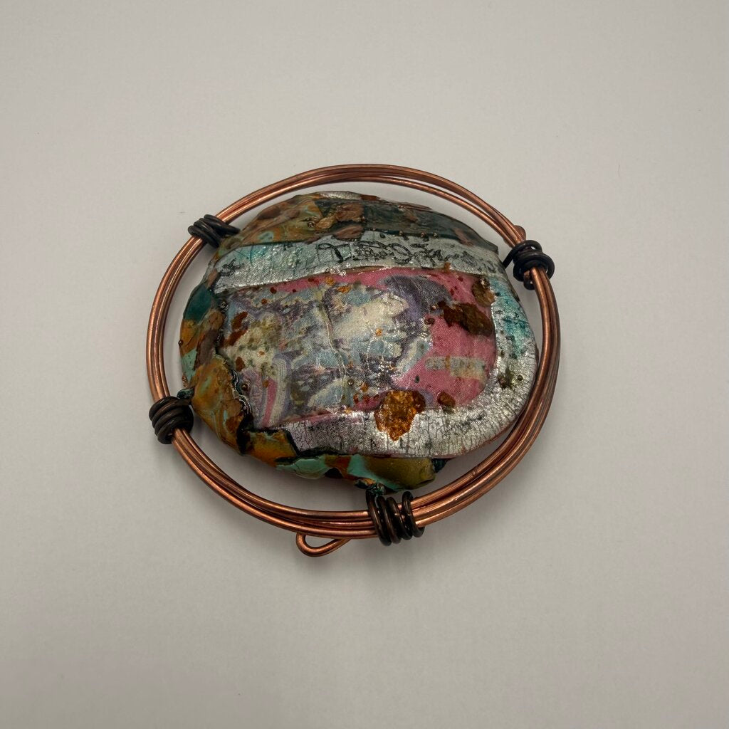 Vintage Artisan Mixed Media Polymer Clay Copper Wire Wrapped Brooch Signed SL