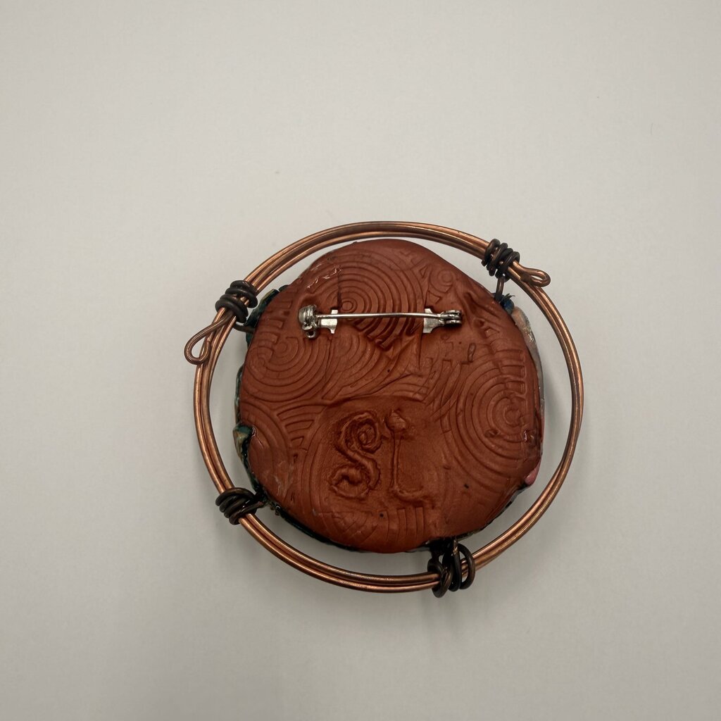 Vintage Artisan Mixed Media Polymer Clay Copper Wire Wrapped Brooch Signed SL