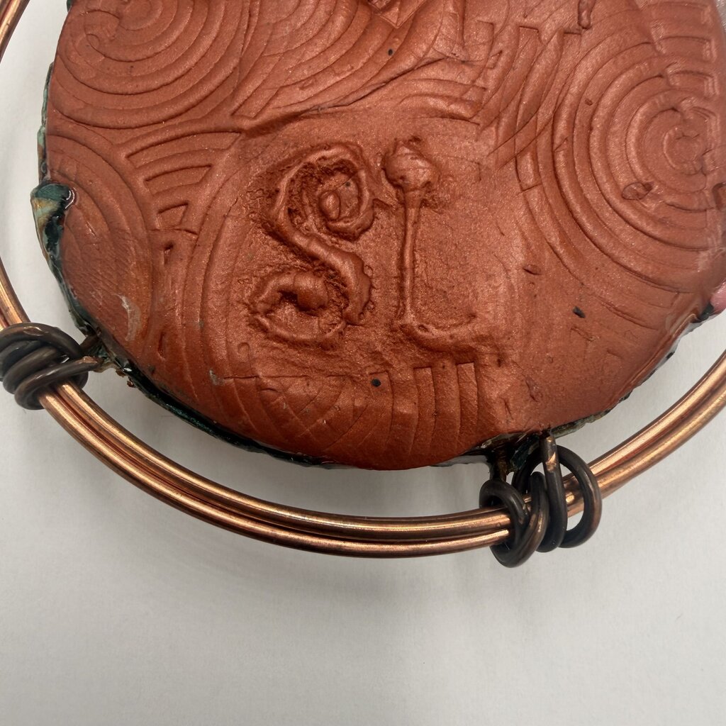 Vintage Artisan Mixed Media Polymer Clay Copper Wire Wrapped Brooch Signed SL