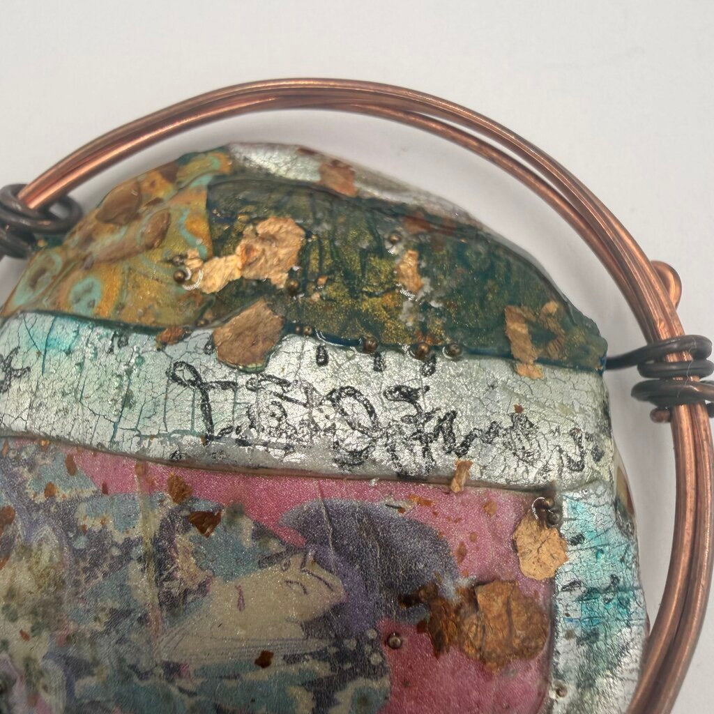 Vintage Artisan Mixed Media Polymer Clay Copper Wire Wrapped Brooch Signed SL