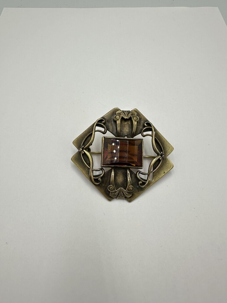 Antique Art Nouveau Brass Amber Glass Sash Pin Brooch