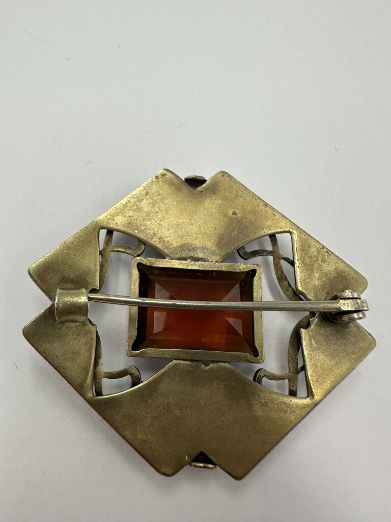 Antique Art Nouveau Brass Amber Glass Sash Pin Brooch