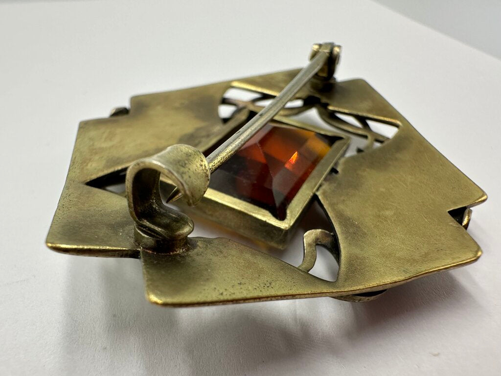Antique Art Nouveau Brass Amber Glass Sash Pin Brooch