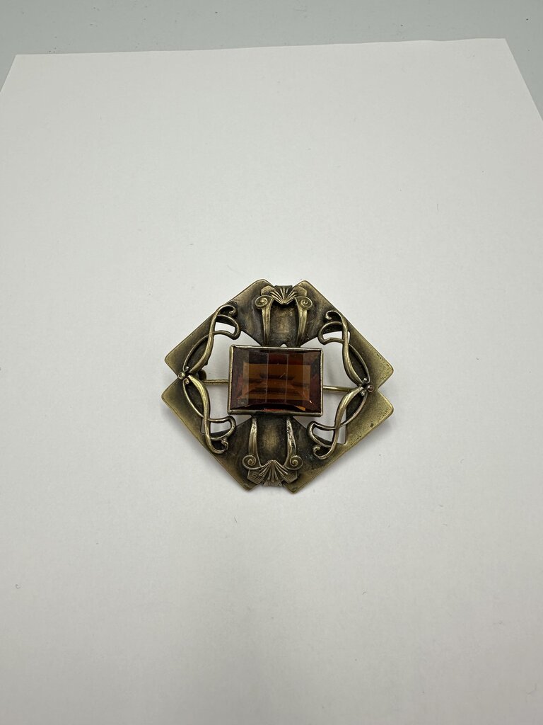 Antique Art Nouveau Brass Amber Glass Sash Pin Brooch