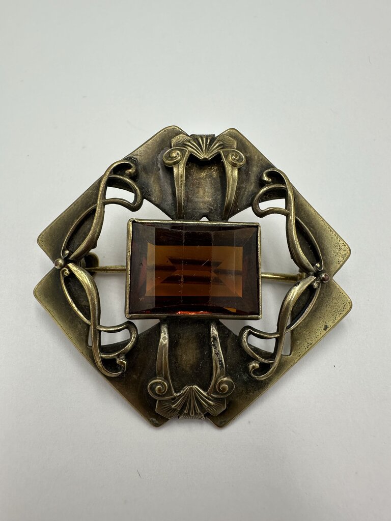 Antique Art Nouveau Brass Amber Glass Sash Pin Brooch