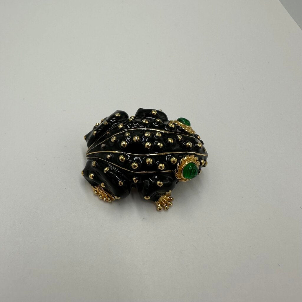 Vintage Ciner Black Enamel and Gold Spotted Frog Brooch