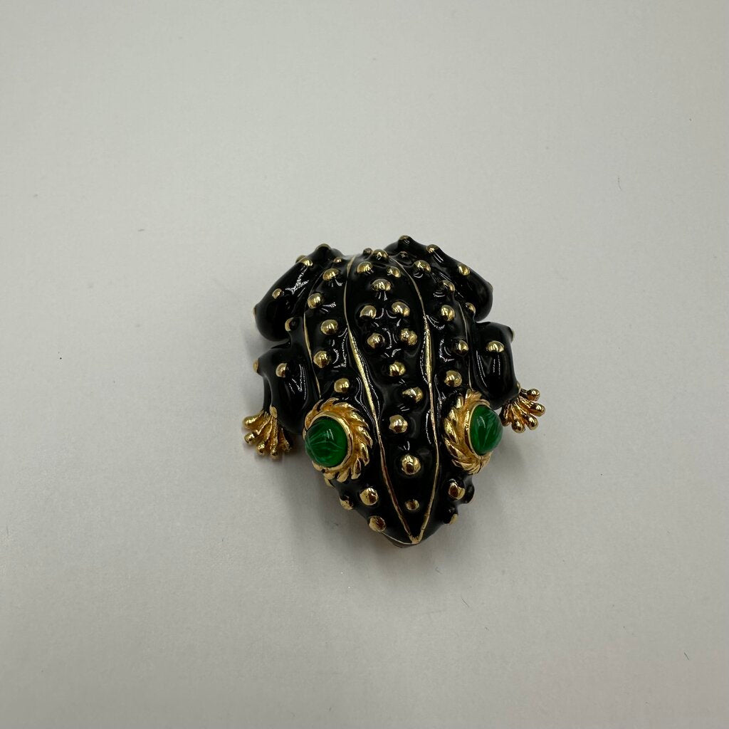 Vintage Ciner Black Enamel and Gold Spotted Frog Brooch