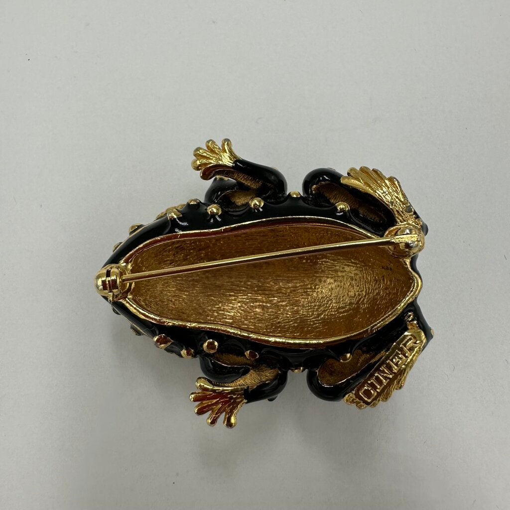 Vintage Ciner Black Enamel and Gold Spotted Frog Brooch