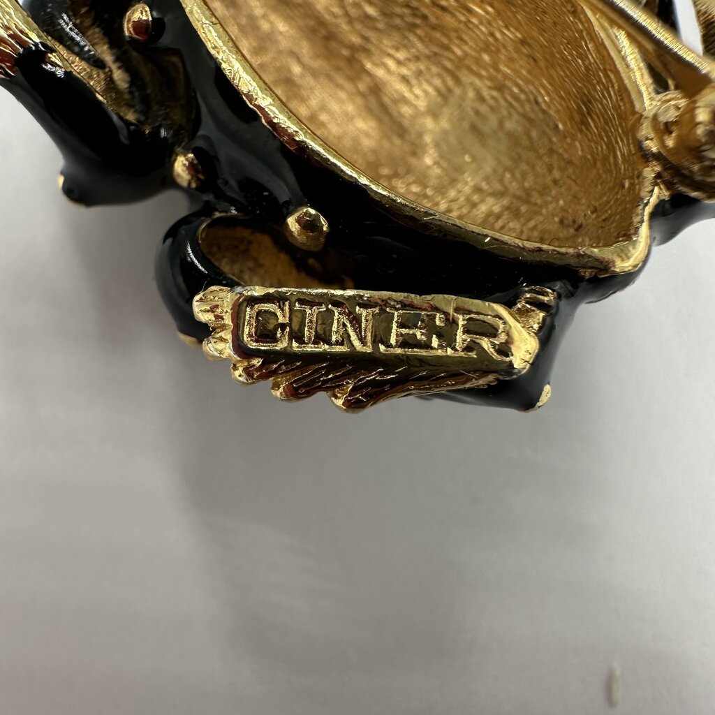 Vintage Ciner Black Enamel and Gold Spotted Frog Brooch