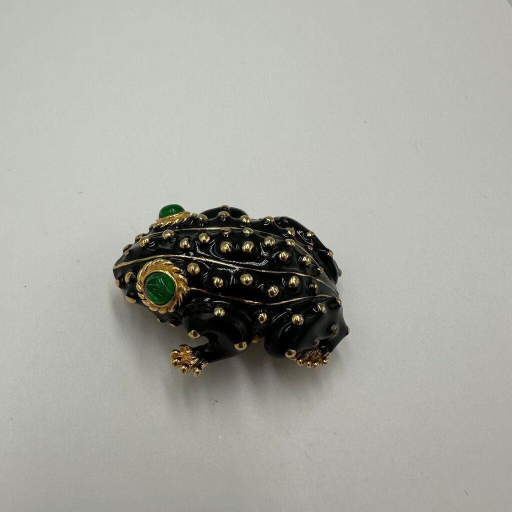 Vintage Ciner Black Enamel and Gold Spotted Frog Brooch