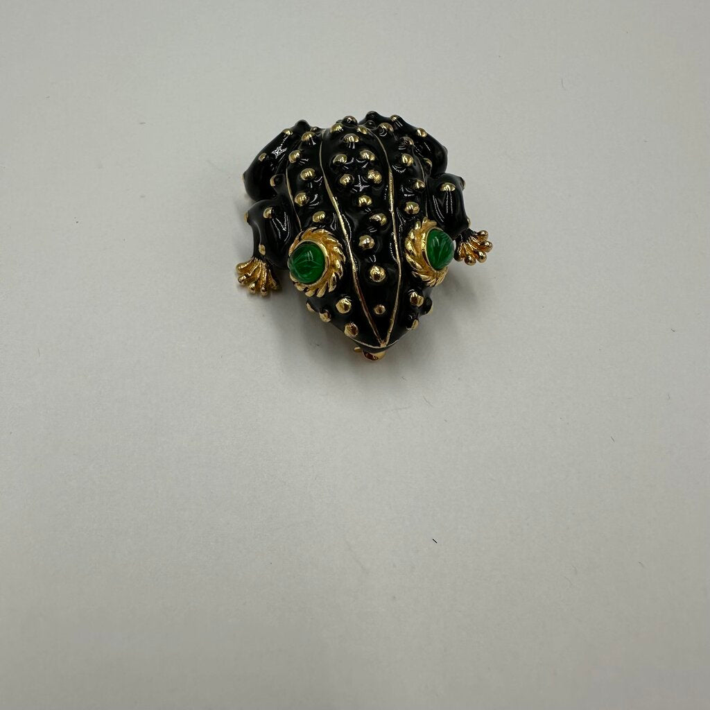 Vintage Ciner Black Enamel and Gold Spotted Frog Brooch