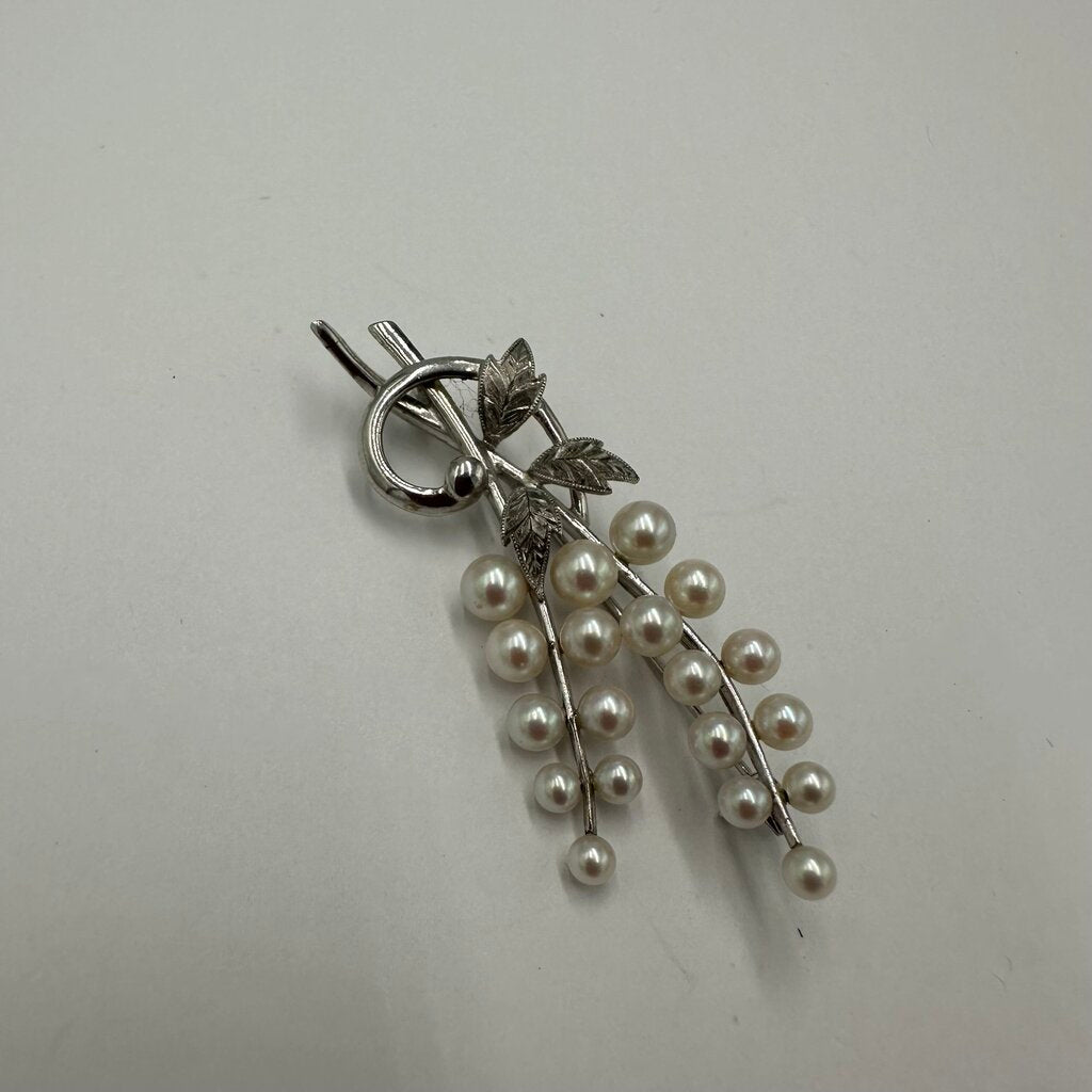 Vintage Mikimoto Sterling Silver 19 Akoya Pearl Floral Branch Brooch Pin Signed