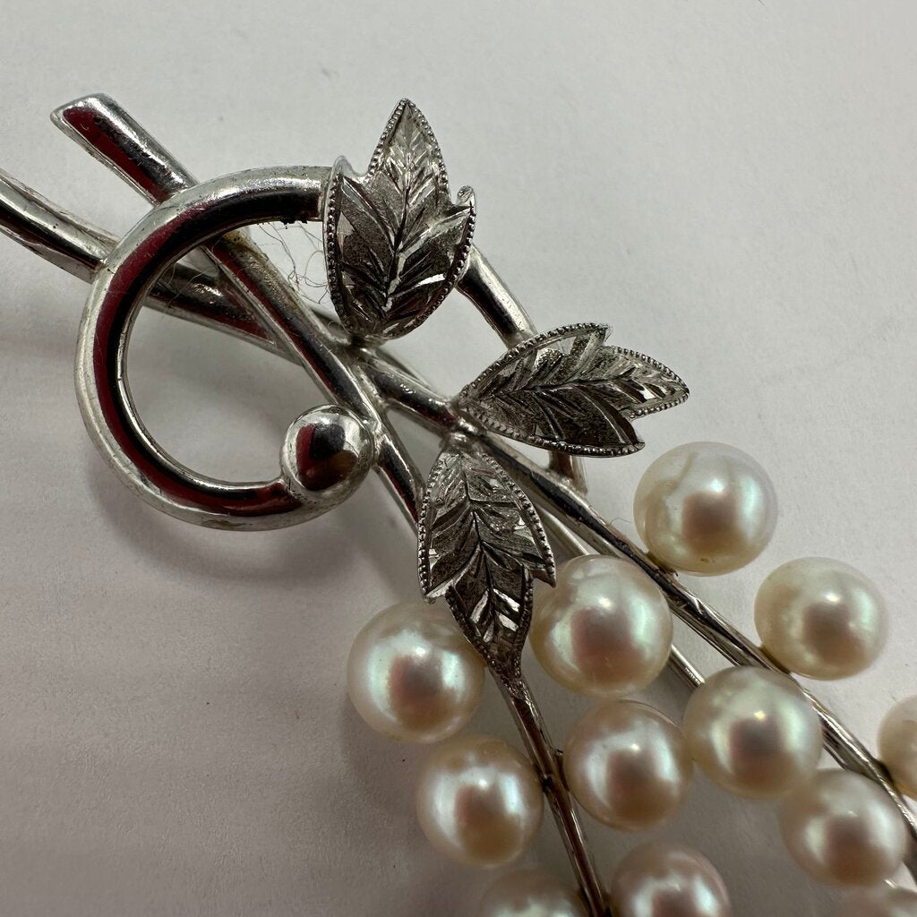 Vintage Mikimoto Sterling Silver 19 Akoya Pearl Floral Branch Brooch Pin Signed