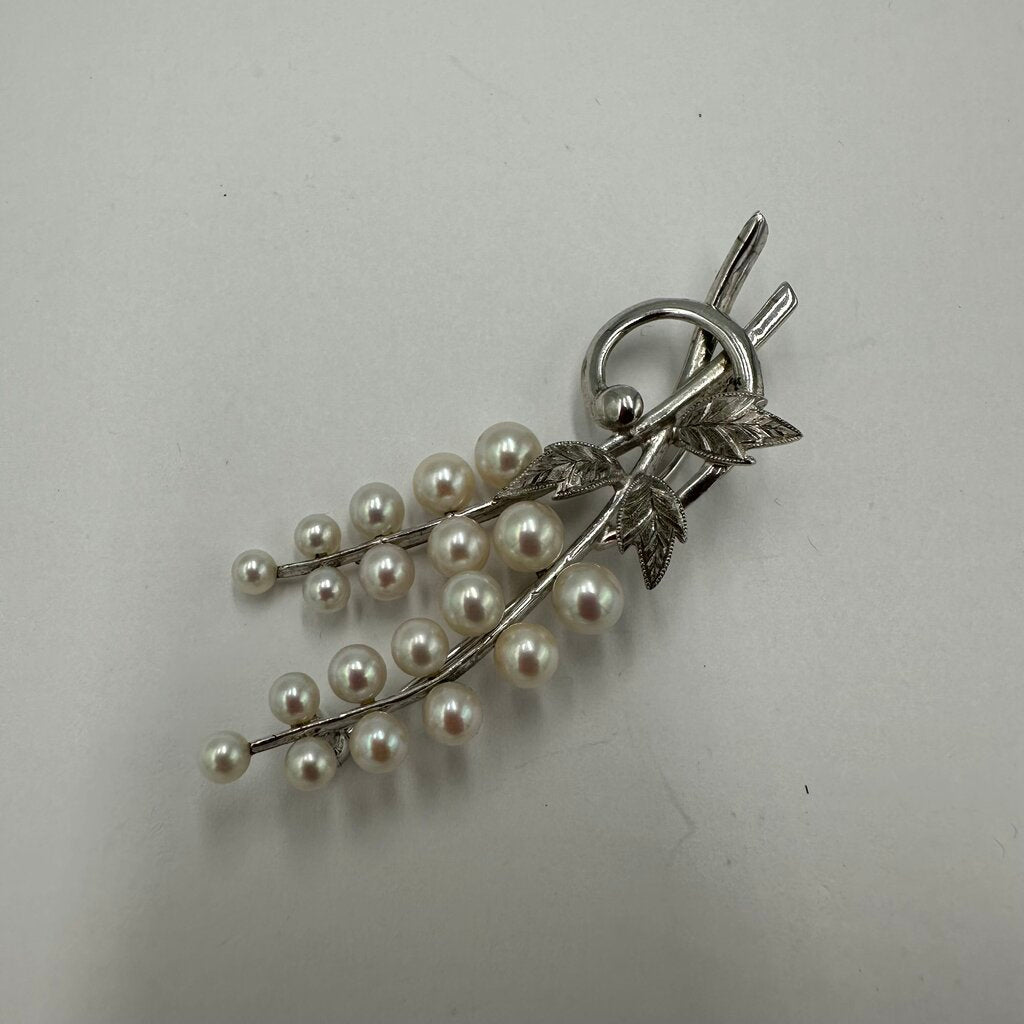 Vintage Mikimoto Sterling Silver 19 Akoya Pearl Floral Branch Brooch Pin Signed