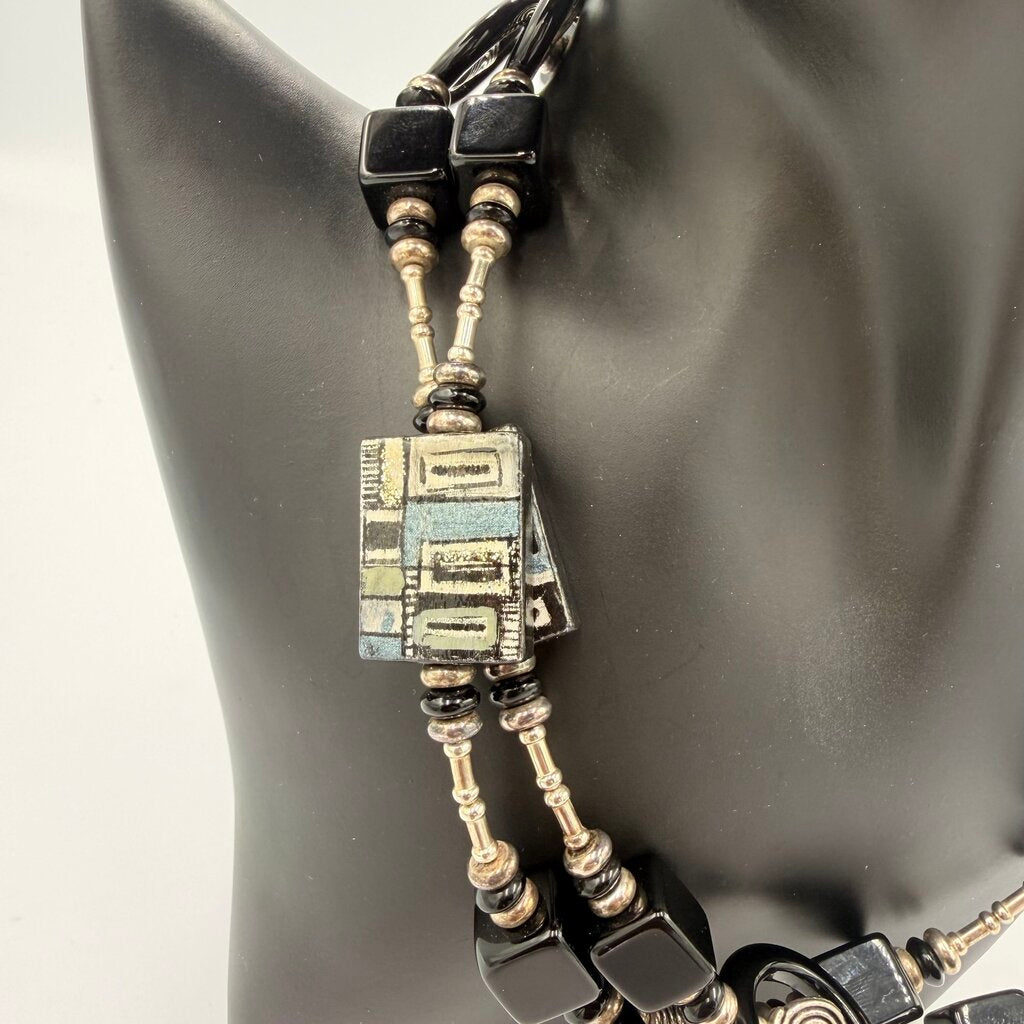 Vintage Murano Lampwork Glass Bead Necklace Black & Silver Foil Blocks