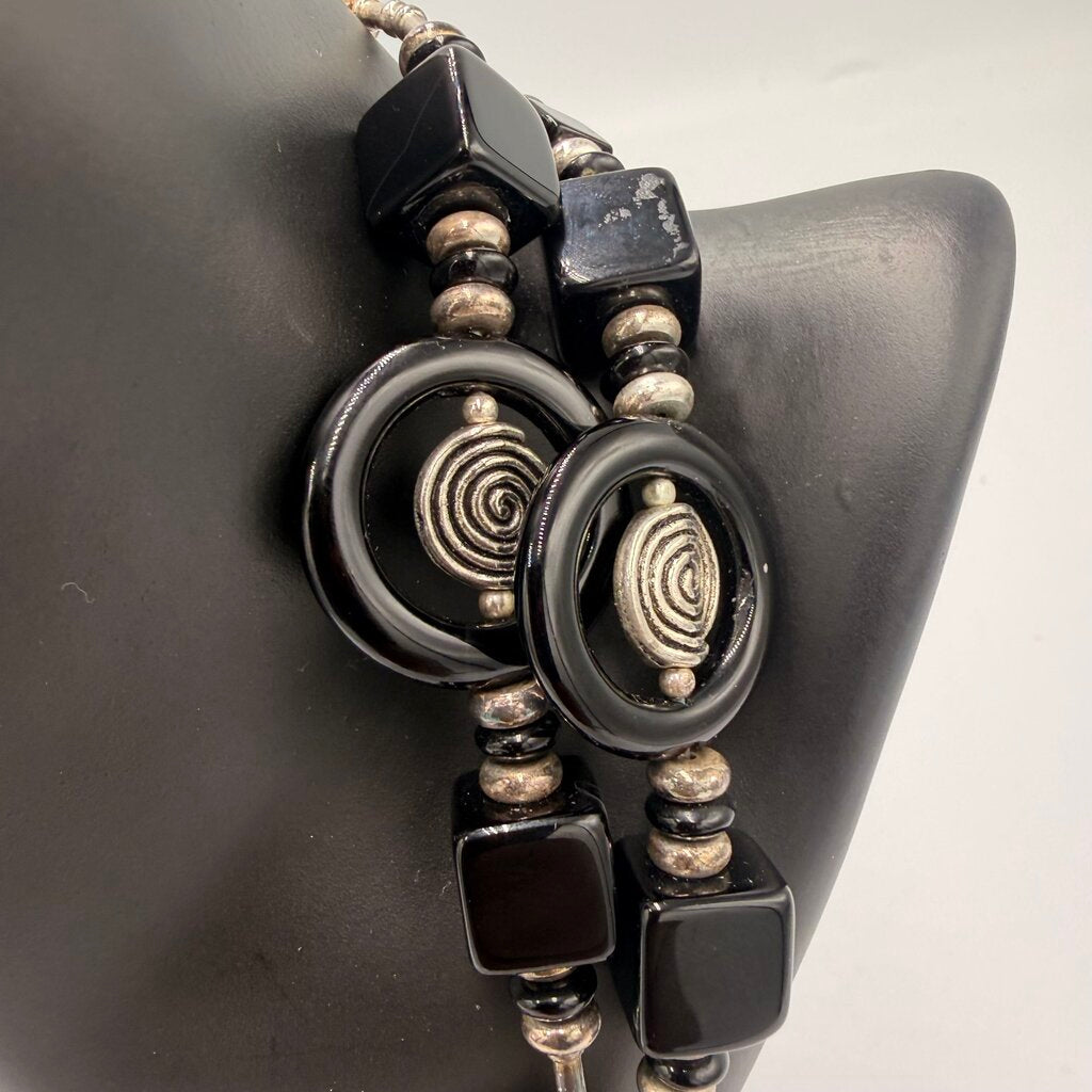 Vintage Murano Lampwork Glass Bead Necklace Black & Silver Foil Blocks
