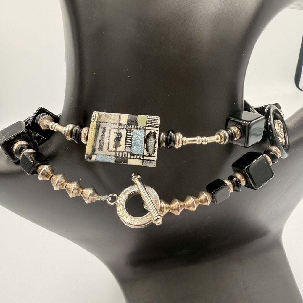 Vintage Murano Lampwork Glass Bead Necklace Black & Silver Foil Blocks