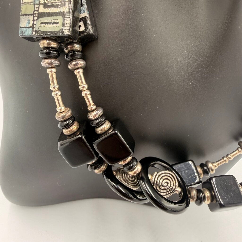 Vintage Murano Lampwork Glass Bead Necklace Black & Silver Foil Blocks