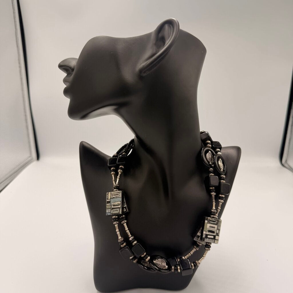 Vintage Murano Lampwork Glass Bead Necklace Black & Silver Foil Blocks