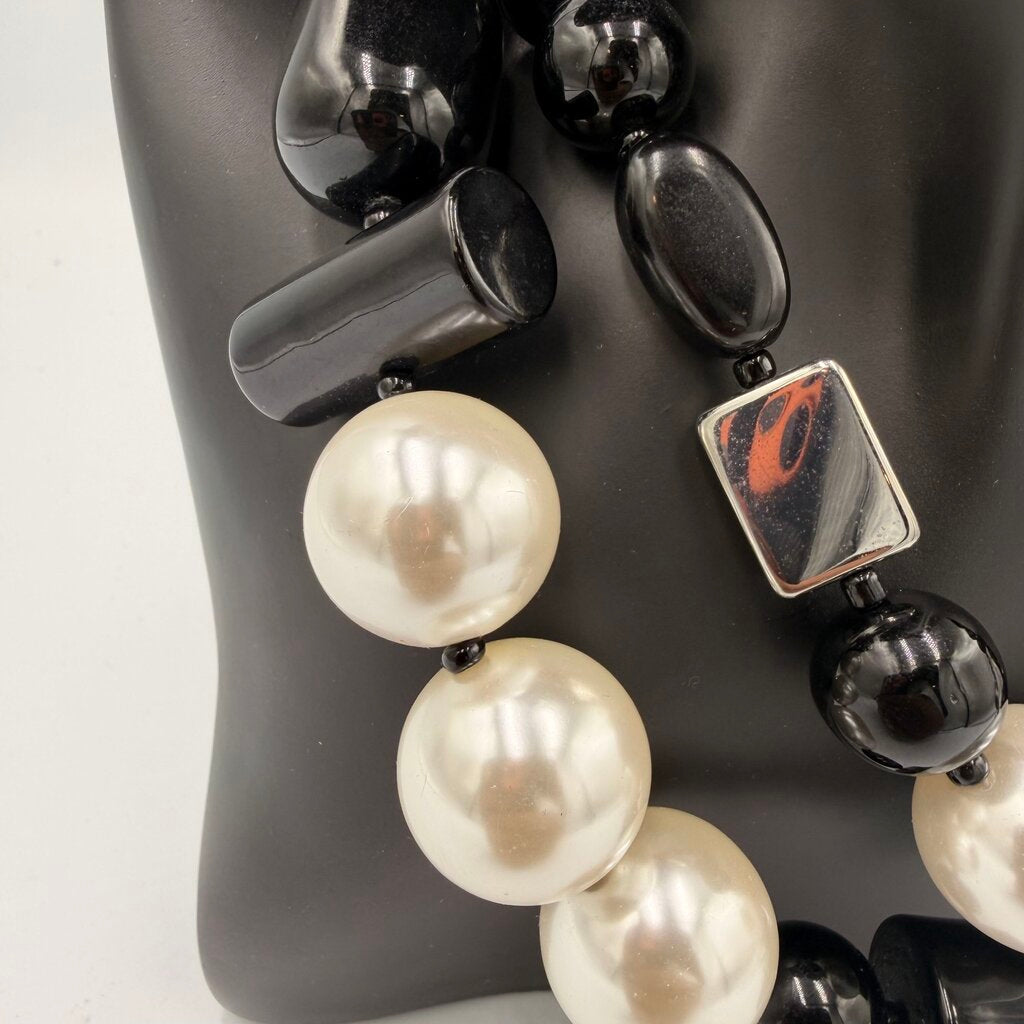 Chico's Asymmetrical Mixed Media Necklace Black Onyx Tone Pearl Silver Bars