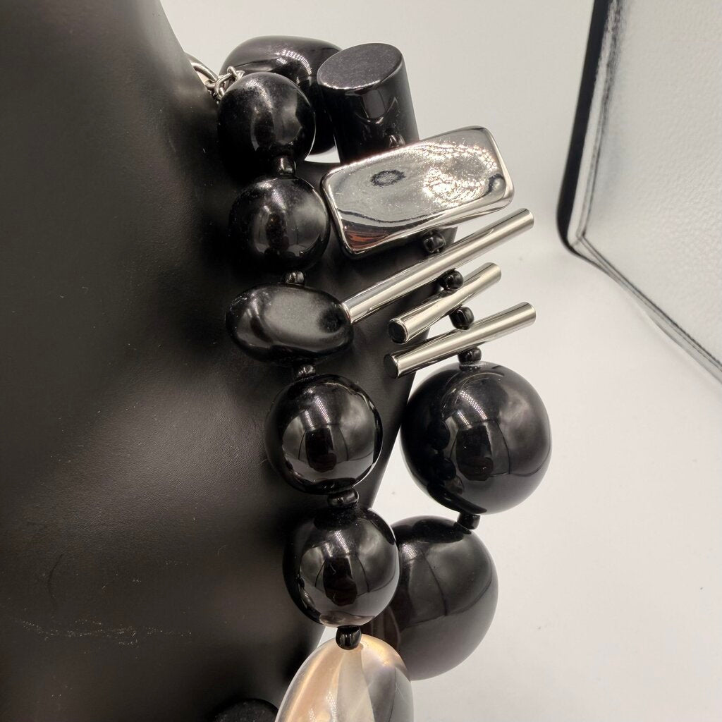 Chico's Asymmetrical Mixed Media Necklace Black Onyx Tone Pearl Silver Bars