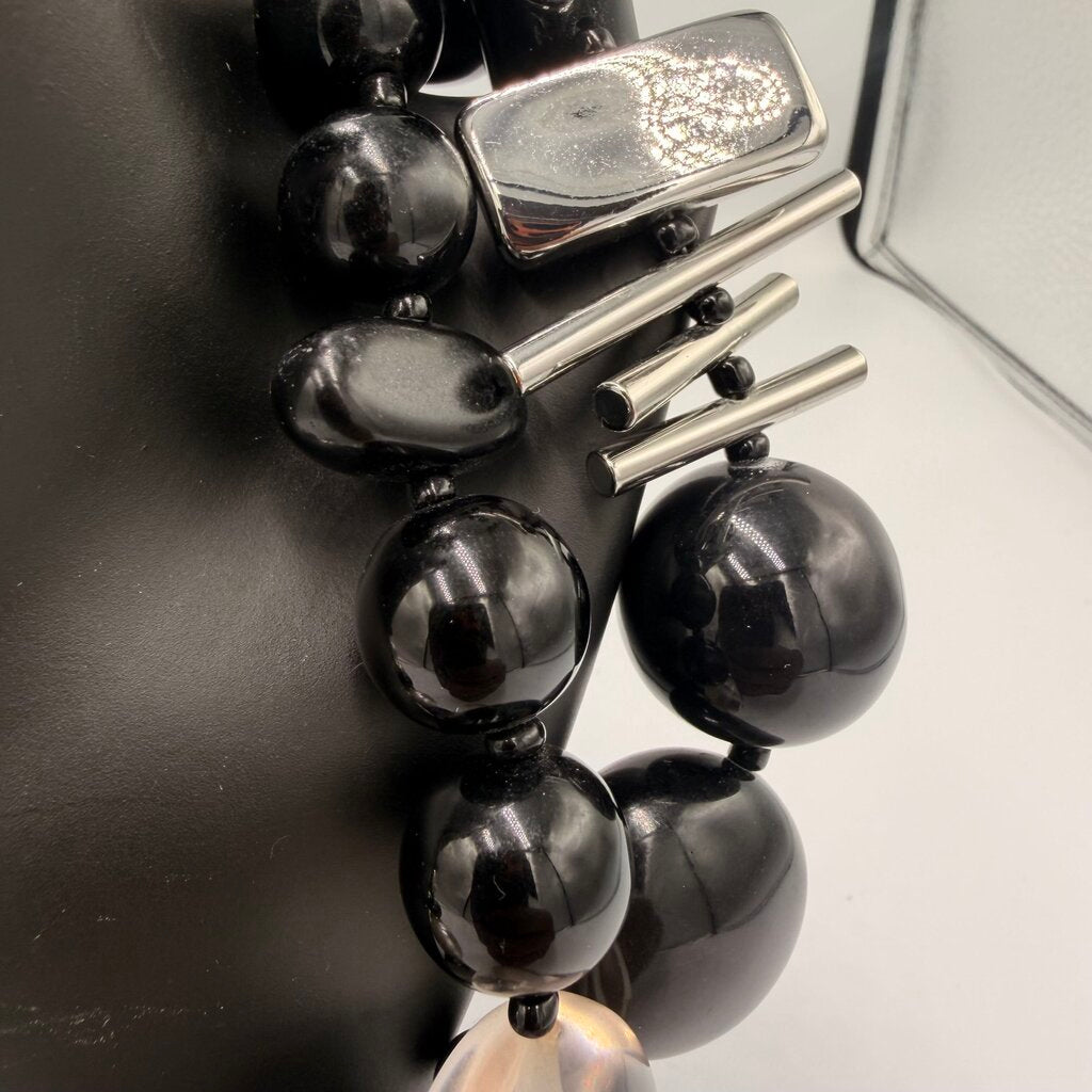 Chico's Asymmetrical Mixed Media Necklace Black Onyx Tone Pearl Silver Bars