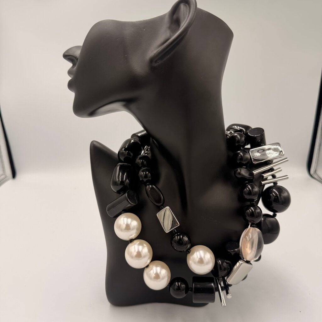 Chico's Asymmetrical Mixed Media Necklace Black Onyx Tone Pearl Silver Bars