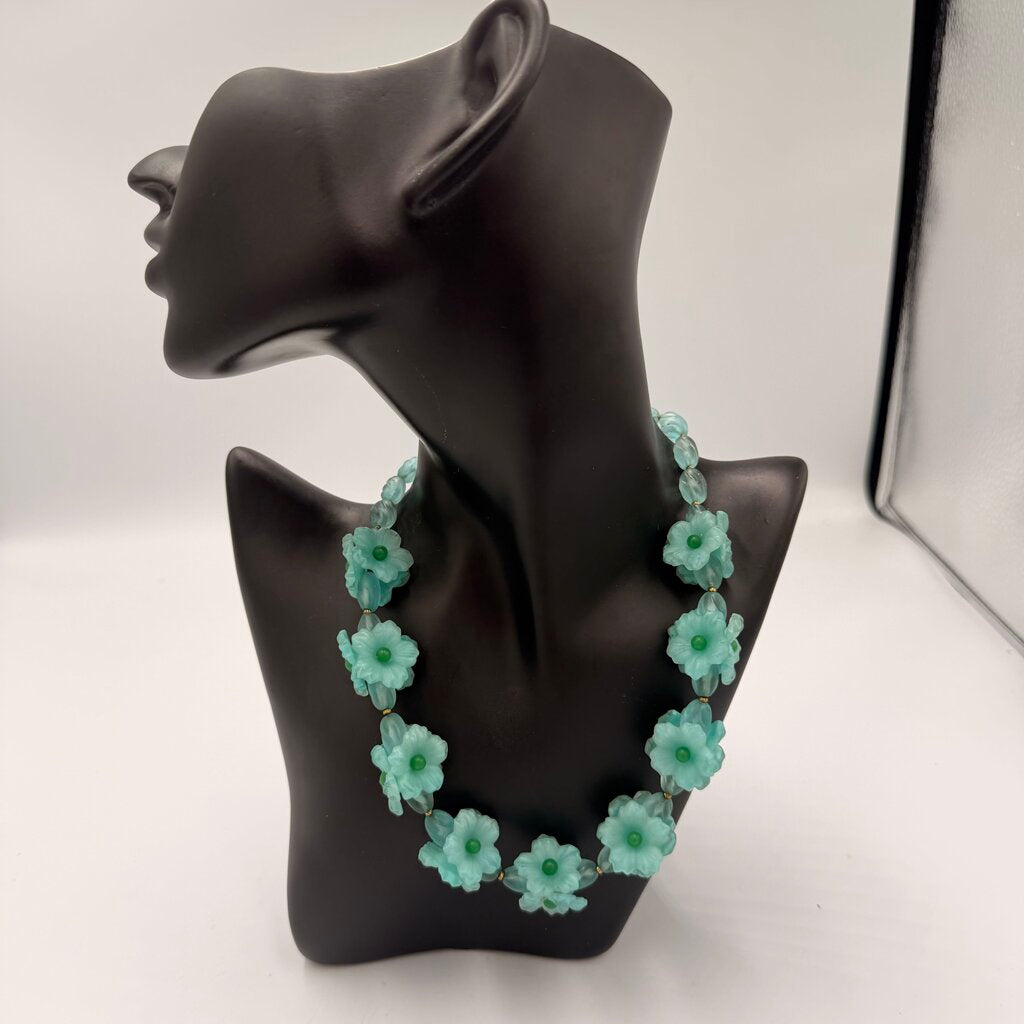Vintage 1950s Aqua Blue Celluloid Flower Choker Necklace Molded Plastic Floral