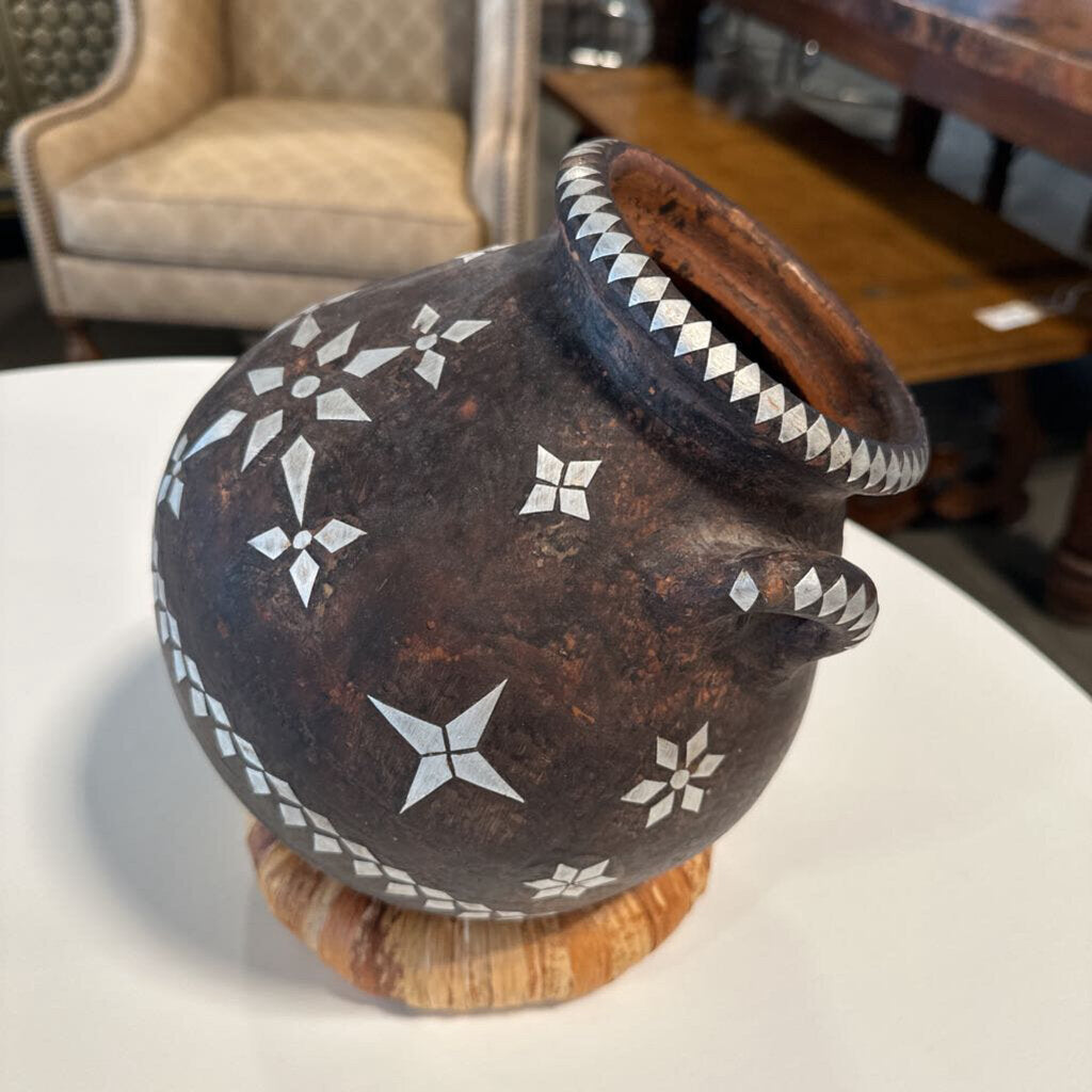 Decorative Pot W/ "Silver" Overlay On Round Stand- 8X11.5
