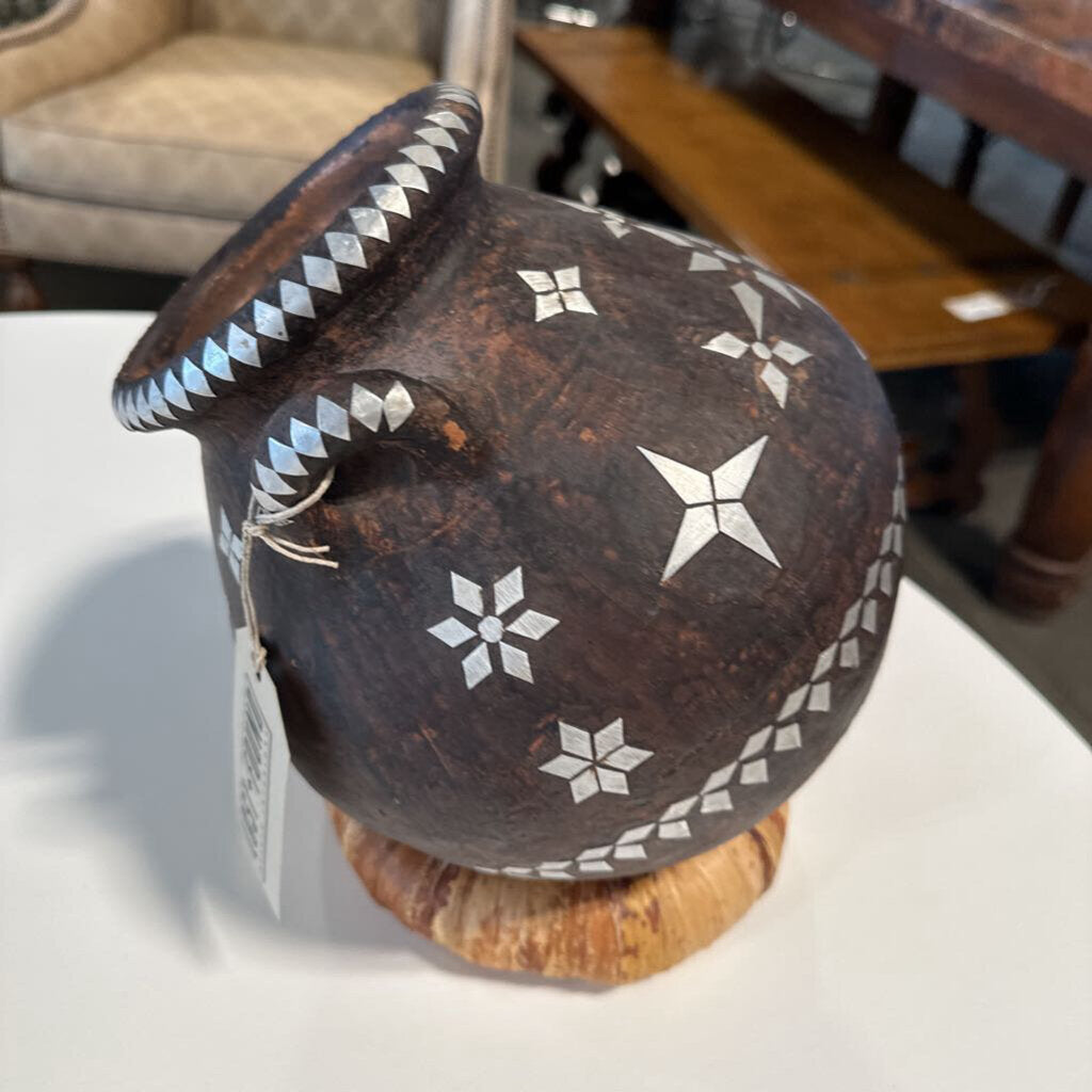 Decorative Pot W/ "Silver" Overlay On Round Stand- 8X11.5