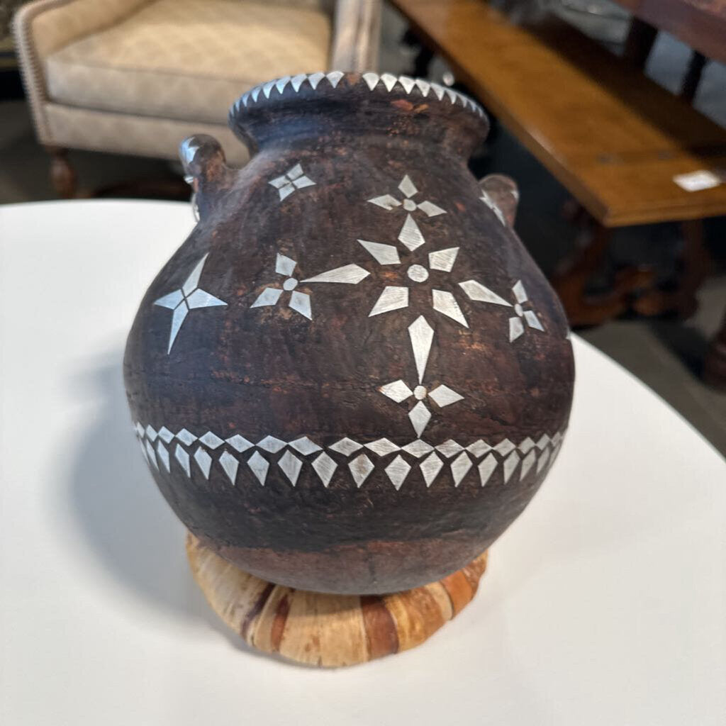 Decorative Pot W/ "Silver" Overlay On Round Stand- 8X11.5