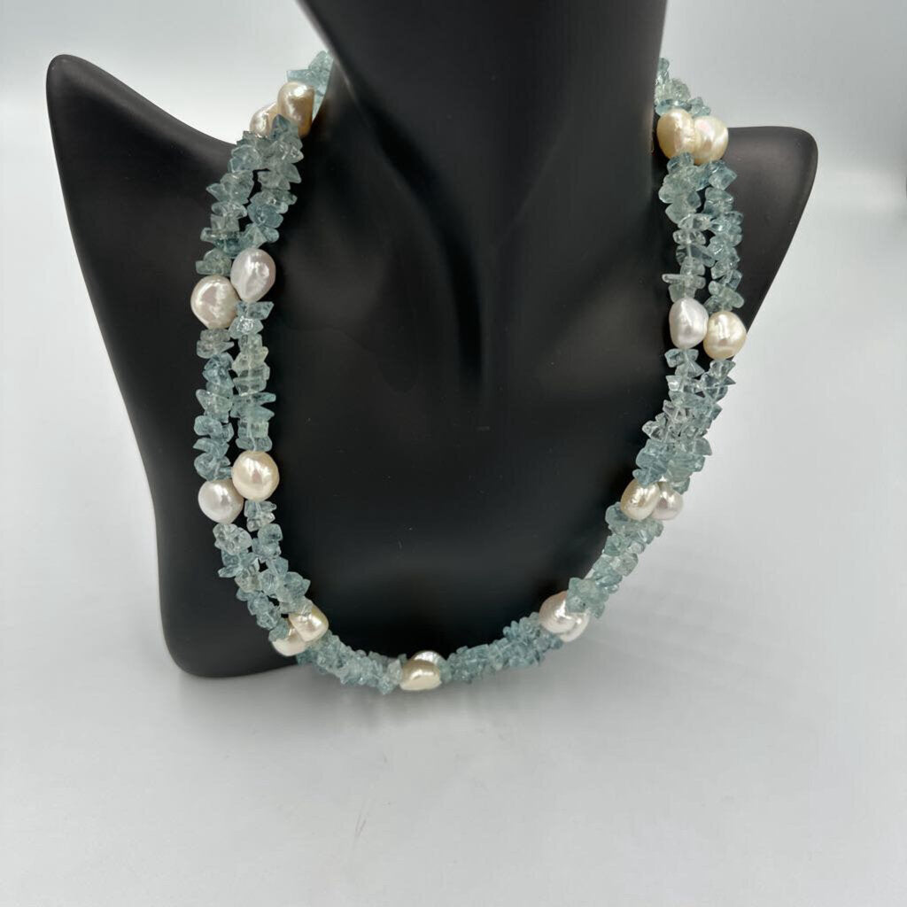 Vintage Infiniti 14K Gold 585 Clasp Aquamarine Chip & Freshwater Pearl Necklace