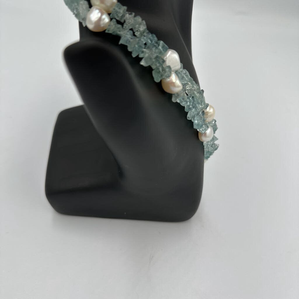 Vintage Infiniti 14K Gold 585 Clasp Aquamarine Chip & Freshwater Pearl Necklace