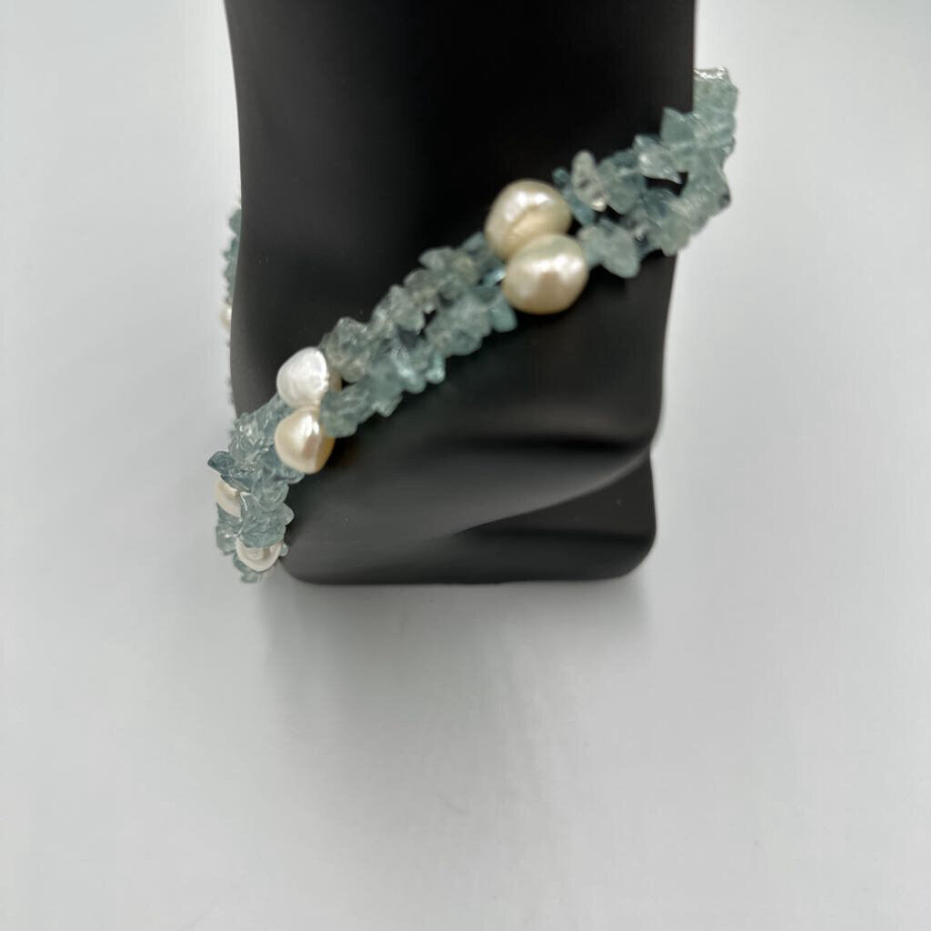Vintage Infiniti 14K Gold 585 Clasp Aquamarine Chip & Freshwater Pearl Necklace