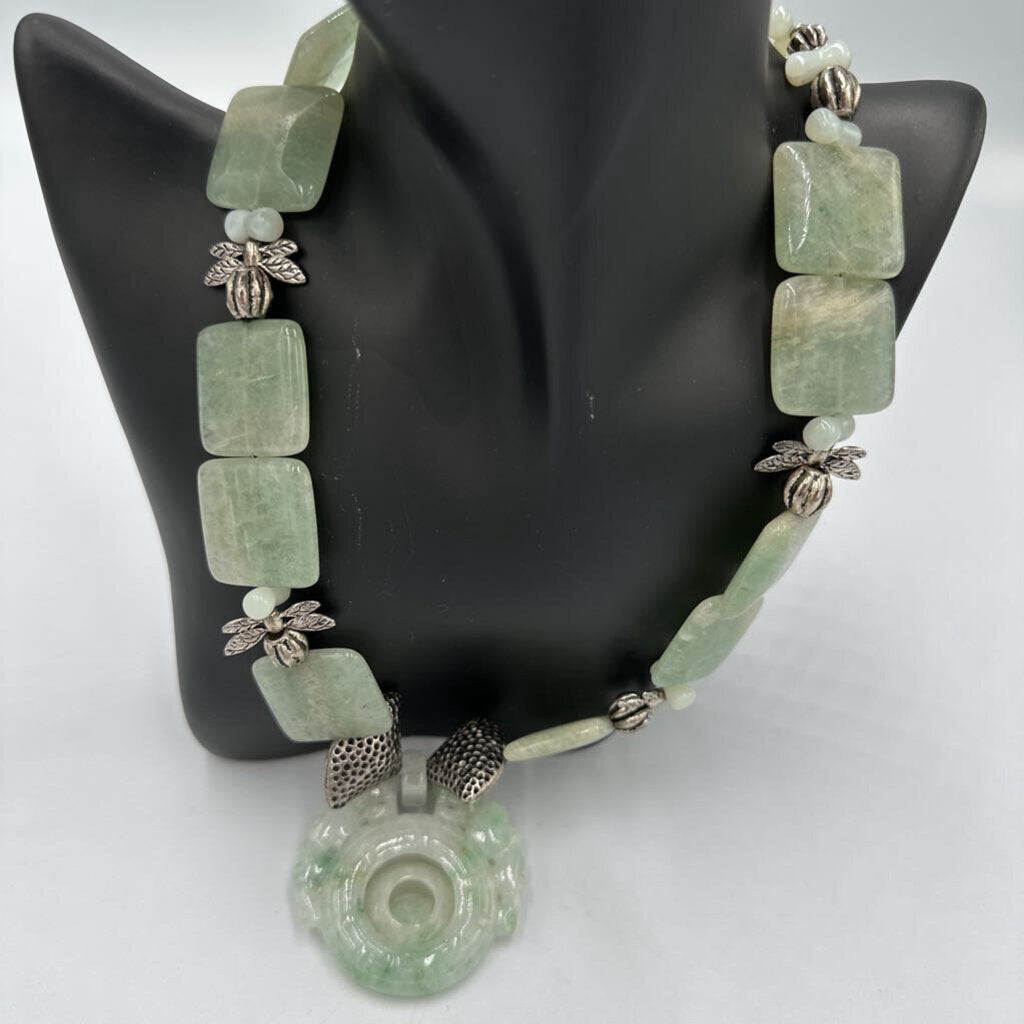 Artisan Carved Green Jadeite Jade Donut Pendant Necklace Aventurine Square Beads