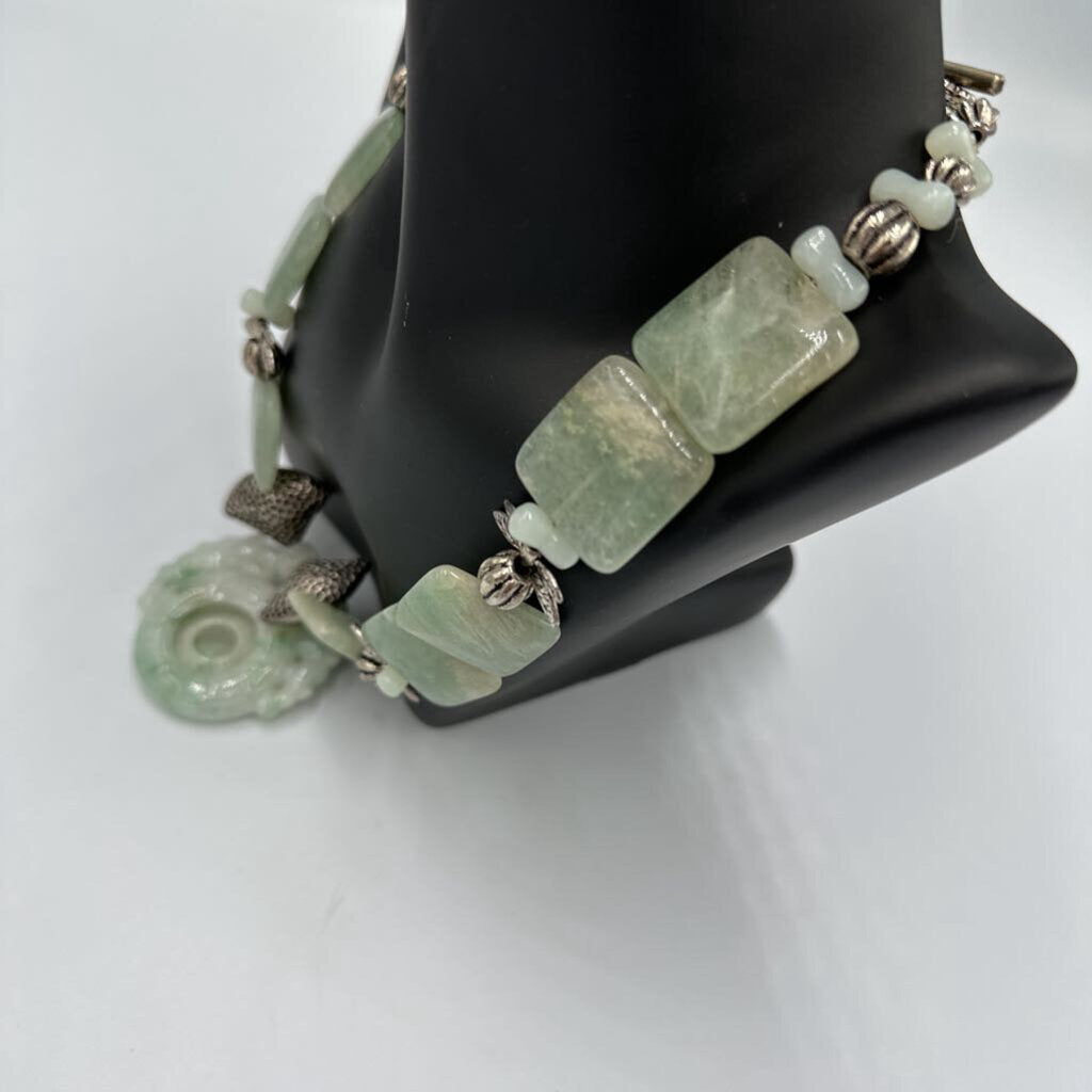 Artisan Carved Green Jadeite Jade Donut Pendant Necklace Aventurine Square Beads