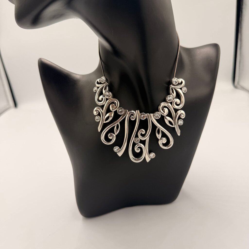 Brighton "Concerto" Silver Tone Scroll & Crystal Statement Bib Necklace