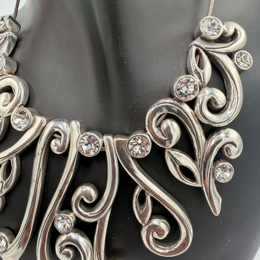 Brighton "Concerto" Silver Tone Scroll & Crystal Statement Bib Necklace