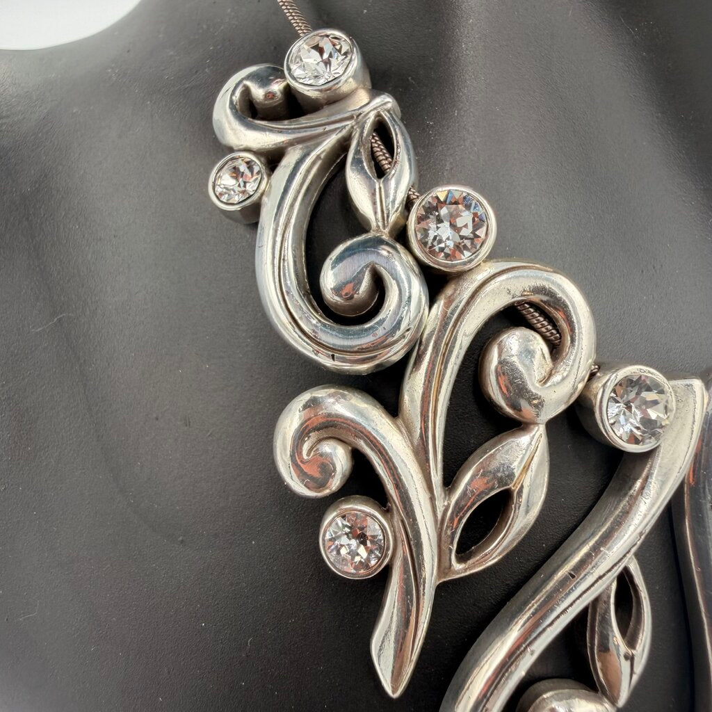 Brighton "Concerto" Silver Tone Scroll & Crystal Statement Bib Necklace