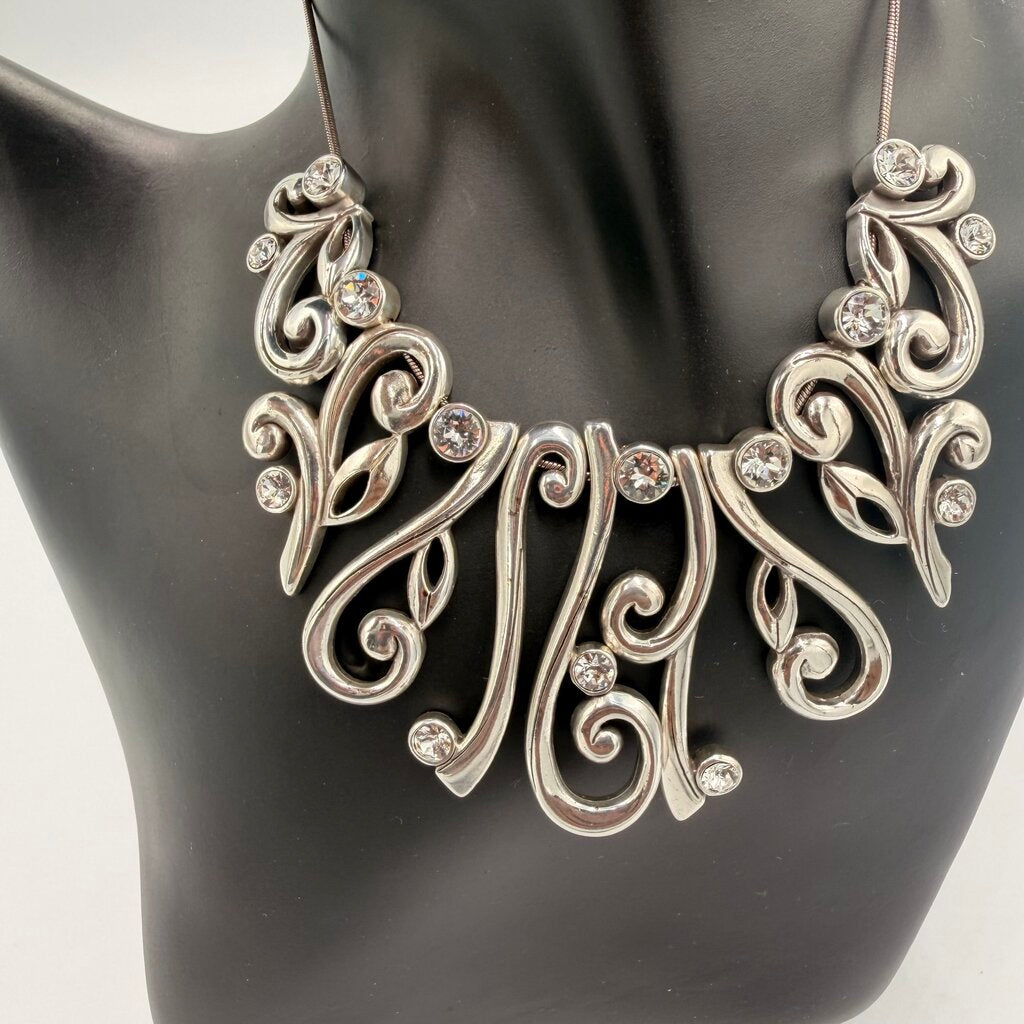 Brighton "Concerto" Silver Tone Scroll & Crystal Statement Bib Necklace