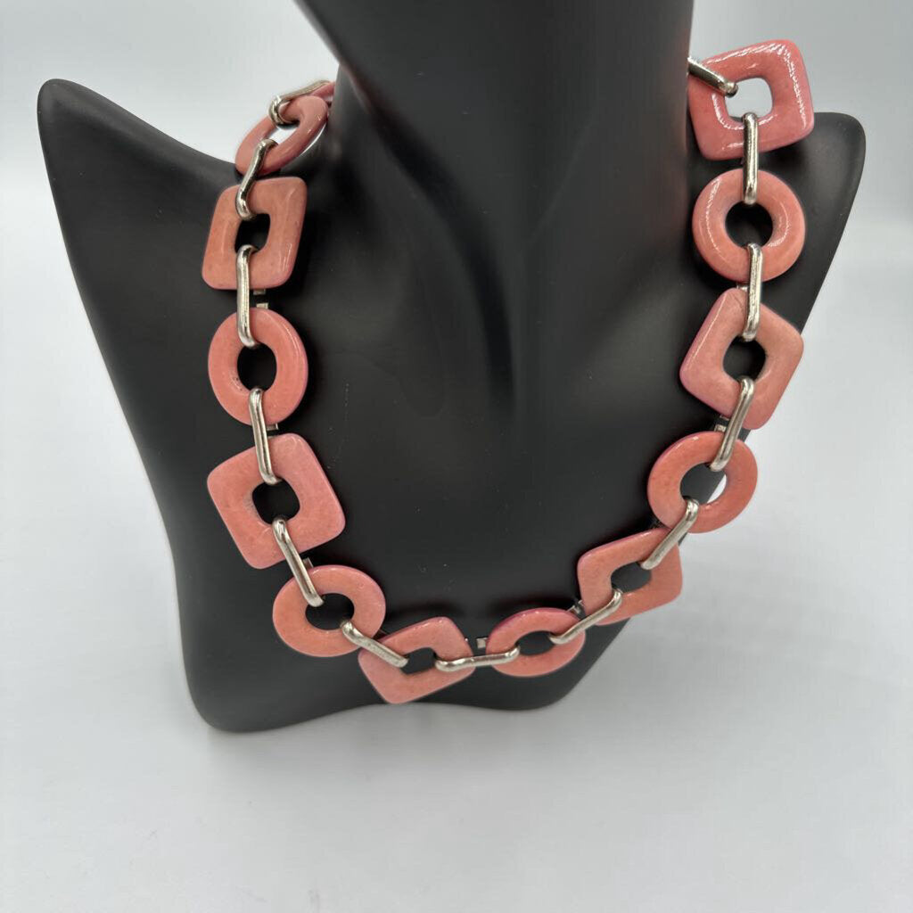 Vintage Chunky Dusty Rose Pink Enamel Geometric Link Choker Necklace