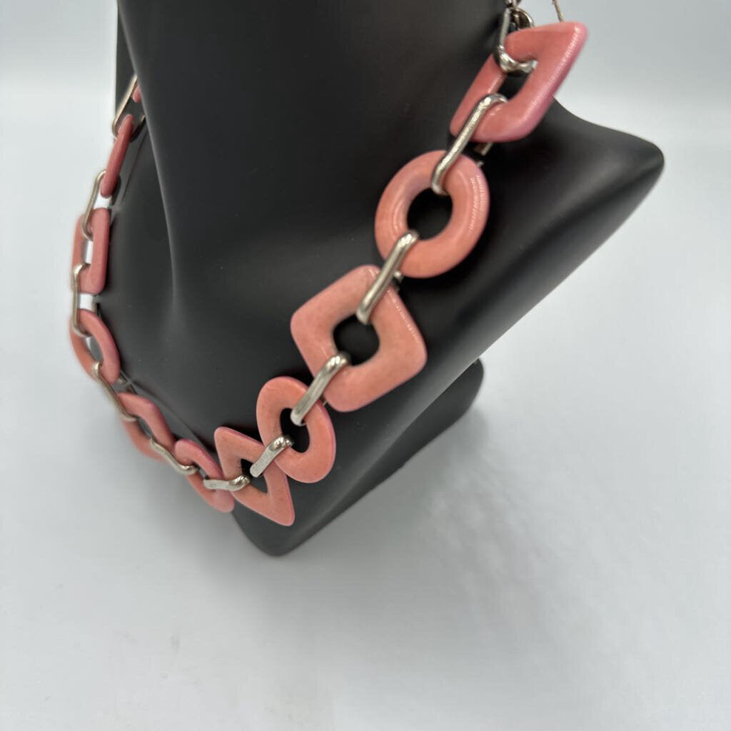 Vintage Chunky Dusty Rose Pink Enamel Geometric Link Choker Necklace