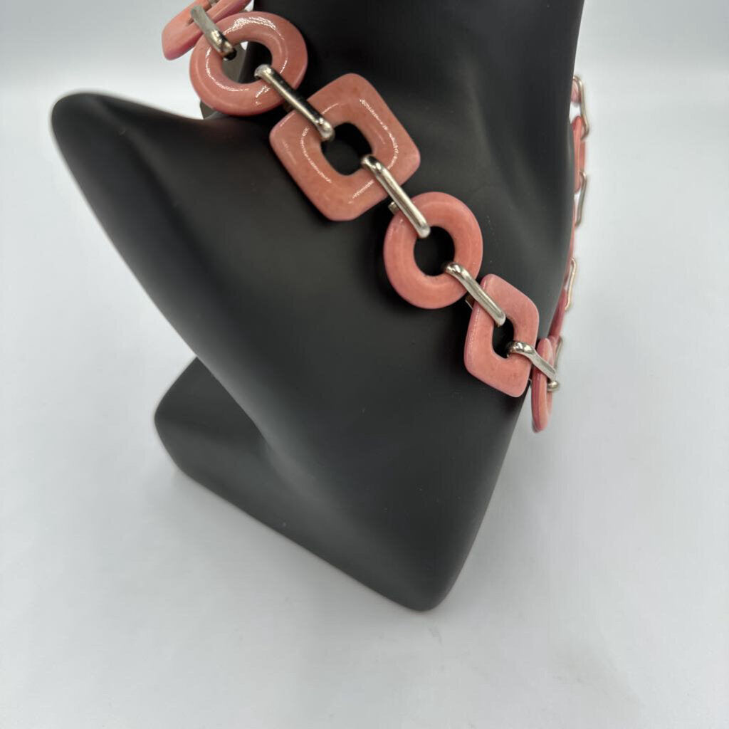 Vintage Chunky Dusty Rose Pink Enamel Geometric Link Choker Necklace