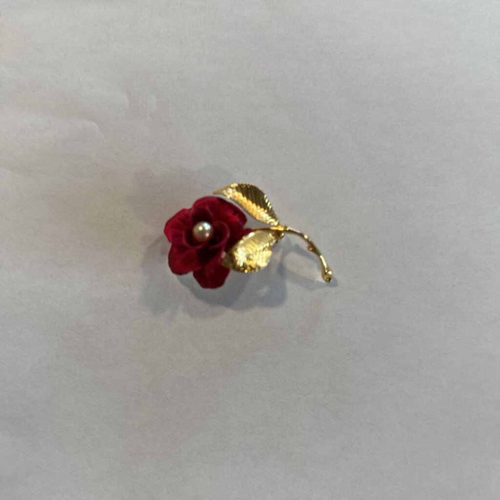 Vintage Signed Cerrito Red Enamel Rose Brooch Pin Genuine Pearl Accent Gold Tone